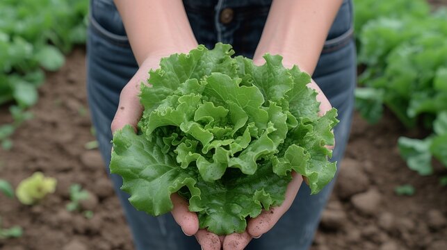 An aerial view of big, green lettuce in a garden on a soft, loose surface