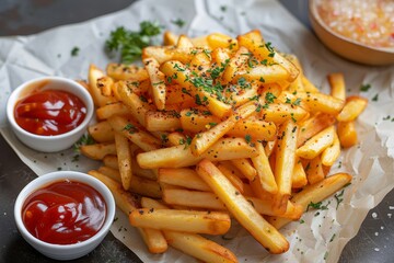 Indulge in the comforting warmth of crispy, golden french fries piled high and drizzled with tangy ketchup and savory spices, a classic fast food dish perfect as a side or snack