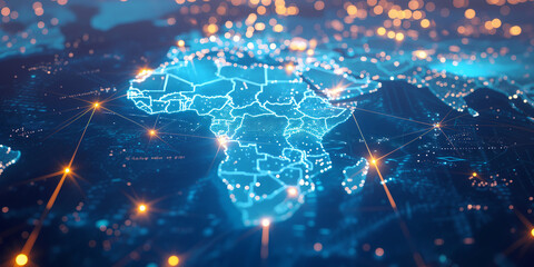 Digital map of Africa, concept of global network and connectivity, high speed data transfer and cyber technology, business exchange, information and telecommunication - obrazy, fototapety, plakaty