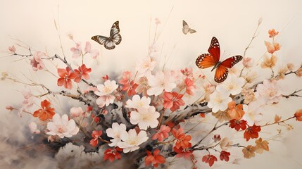 classic chinoiseries style painting with flower and butterfly, beautiful art work for wall art, decoration, and wallpaper