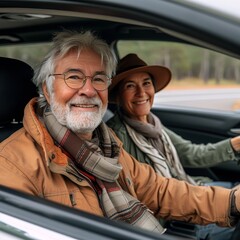 Two stylish individuals share a moment of joy while cruising in their sleek car, their faces lit up with beaming smiles and fashionable accessories