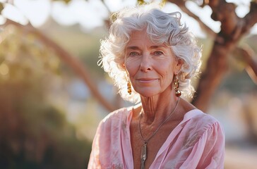 An older woman elegantly poses for a picture, wearing a vibrant pink dress