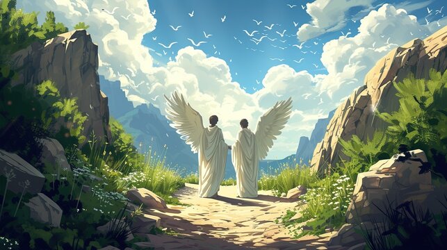 Two white angels in the mountains. Conceptual image.