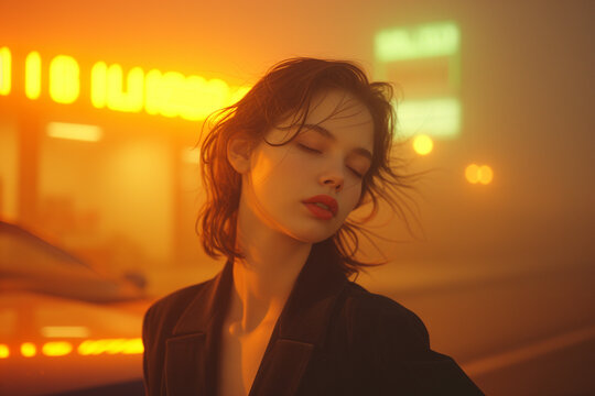 Dreamy portrait of woman with neon lighting Generative AI image