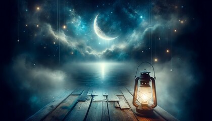Empty old wood with decorated lanterns and shining crescent moon on cloudy night background