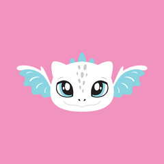 Dragon vector illustration, cute portrait, little child, baby face, wings, symbol of the year, character. Cutie, funny baby animal face, portrait. Illustration for printing on fabric, postcard, print
