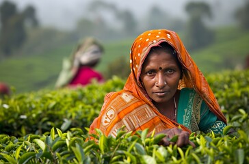 A woman finds solace and tranquility as she sits amidst lush tea bushes in an expansive field