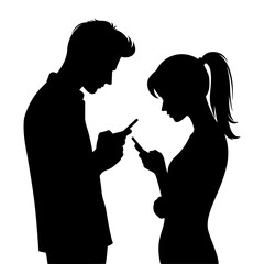 Silhouette of a man and woman using a smartphone together. Vector illustration