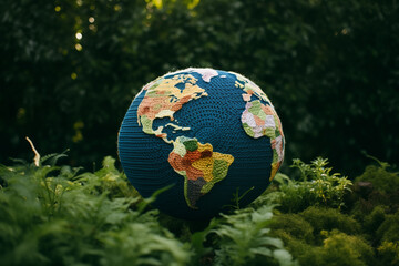 Generative AI illustration of crochet globe with colorful continents nestled among lush green foliage in a natural setting