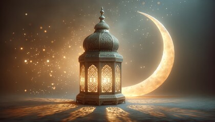 Fototapeta premium Ramadan lantern and golden crescent moon shining brightly isolated on dark background