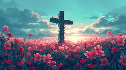 Beautiful fantasy landscape of crucifixion transformed into a blooming cross , easter celebration, flowers and mountains - obrazy, fototapety, plakaty