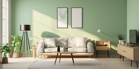 Modern apartment with cozy, stylish interior, featuring light beige furniture, black lamp and coffee tables, and beautiful pastel green walls filled with sun rays.