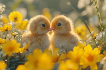 Twin Chicks Nestled Amongst Spring Flowers