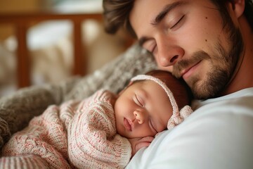 A peaceful moment of pure love and tenderness as a man embraces his newborn son in a warm slumber, cherishing the delicate softness of his baby's cheek against his own human face