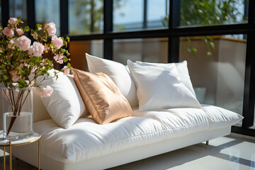 Elegant modern living room with white sofa and pink flowers Generative AI image