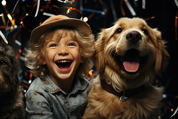 Joyful child and golden retriever with party decorations Generative AI image