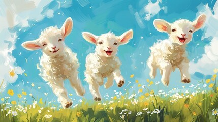 cartoon image of cute lamb of god jumping in the meadow with flowers, sheep