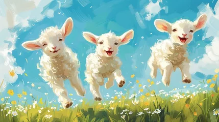 Tuinposter cartoon image of cute lamb of god jumping in the meadow with flowers, sheep © McClerish
