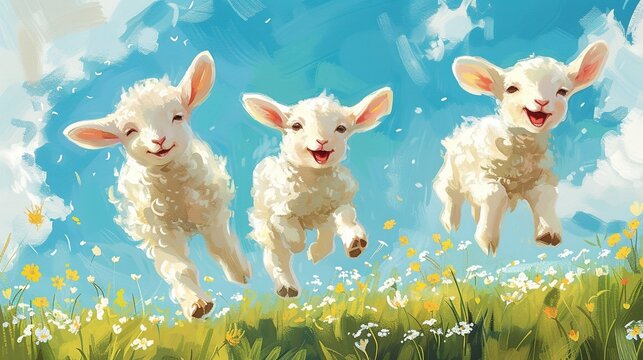 cartoon image of cute lamb of god jumping in the meadow with flowers, sheep