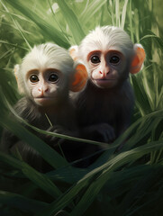 Two little monkeys sitting in the grass.. Digital art.