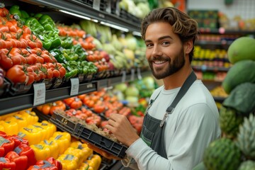 A greengrocer proudly displays a box of fresh, locally sourced natural foods, promoting a wholesome diet and sustainable trade in their quaint marketplace shop