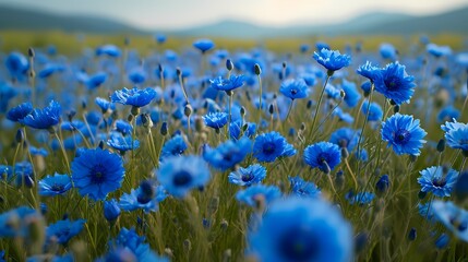 field of blooming blue flower In the morning 