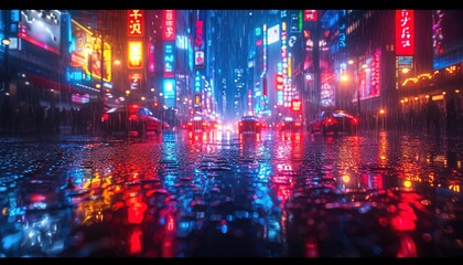 Spectrum of Colors Neon Cityscape at Night, Modern Trendy Background, Urban Rainy Street Reflections