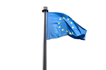Flag of the European Union on the flagpole isolated on white background