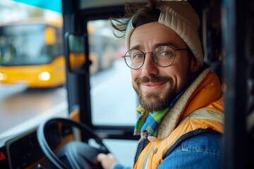 A stylish man with a friendly smile, sporting glasses and a hat, poses for the camera while driving a yellow bus on a bustling street