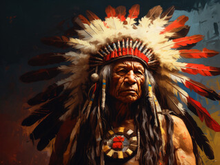 Fototapeta premium Indian. Native American wearing a feathered headdress. Digital art.