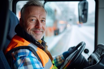 A cheerful man wearing a safety vest smiles confidently as he stands next to his parked car on the busy street, ready to take on the day
