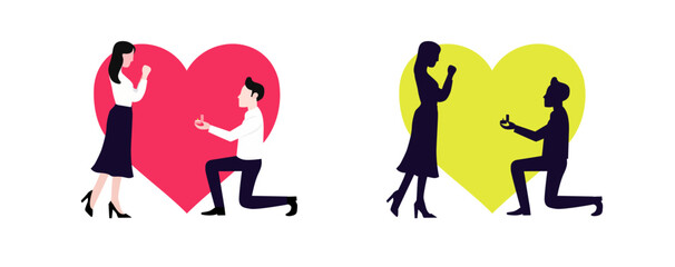 Love Proposal, Young Man Standing on Knee with Ring in Hand Making Proposal to Woman Asking her Marry him Vector. Engagement, Love, Loving Relations Concept. Flat Vector 