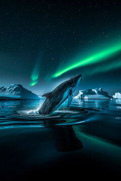 Majestic whale breaching under northern lights at night Generative AI image