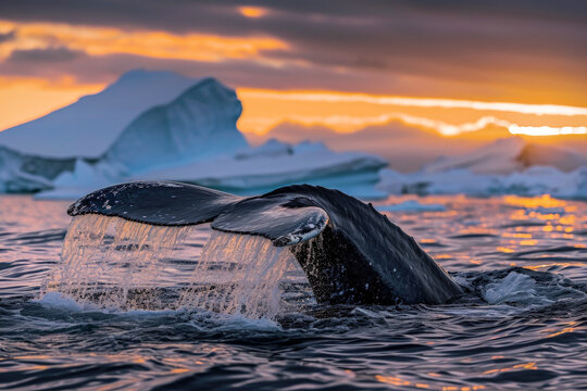 Humpback whale tail fluke above Antarctic waters at sunset Generative AI image