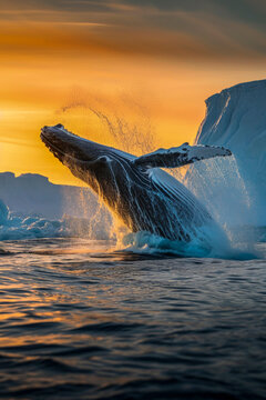 Majestic whale breaching at sunset in icy waters Generative AI image
