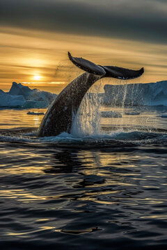 Majestic whale tail at sunset in icy waters Generative AI image