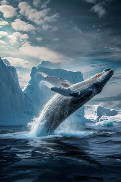 Majestic whale leaping near icy cliffs under cloudy skies Generative AI image