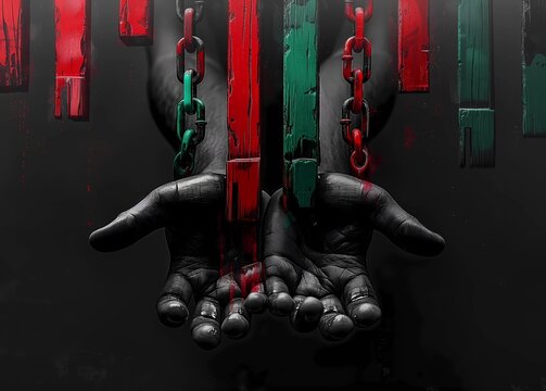 Day Trader's Struggle Represented by Hands in Chains and Candlesticks