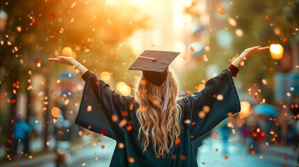 Woman in graduation attire, celebrating the achievement of educational milestones and the empowerment that education brings - obrazy, fototapety, plakaty