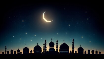 Magnificent view of mosque silhouette against blue sky, stars and crescent moon at night