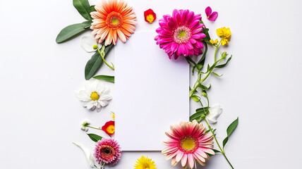 White blank greeting card on the white background with colorful flowers. Gerberas and chrysanthemums on a white background frame a white blank sheet for your text. Branding mockup. 