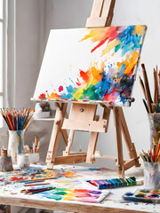 Painting easel with colorful paints and brushes on table in studio