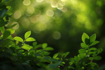green leaves with bokeh background. Fresh natural