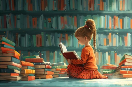 A young girl sits reading amongst piles of books in a library