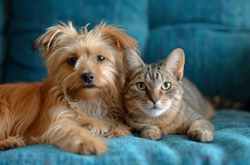 Dog Yorkshire Terrier and Cat together on a blue couch