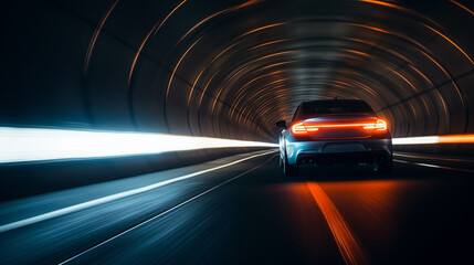 car driving through a dark tunnel towards a bright light with bokeh light circles inside the tunnel