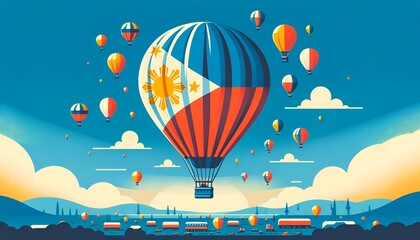 Illustration of a hot air balloon adorned with the colors and elements of the philippine flag.