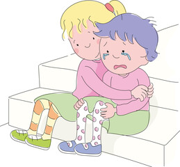 Girl sitting on the stairs hugging her crying friend. Little girl comforting her crying friend.