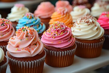 A delightful array of sweet and colorful cupcakes with various toppings, ready to be devoured at a festive bake sale