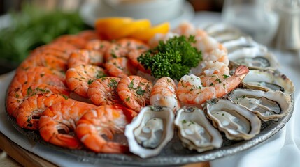 Fresh Seafood Platter, an elegant display of fresh seafood, including lobster, shrimp, and oysters, arranged on a platter. 